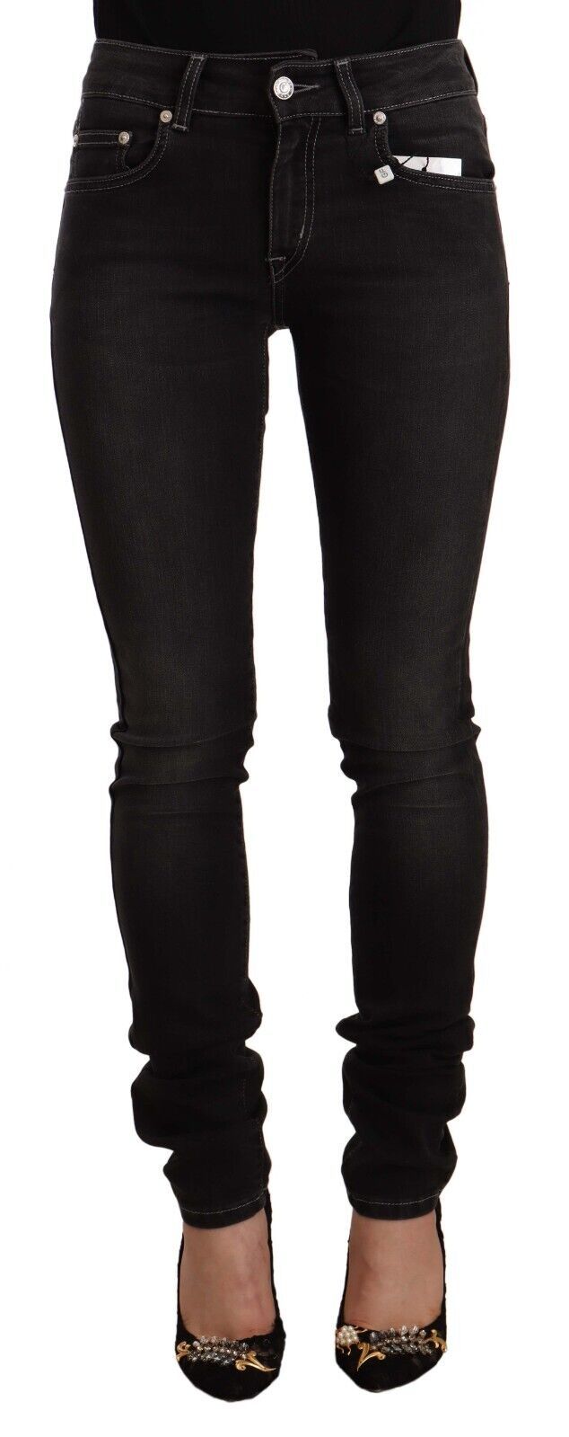 GF Ferre Schwarze gewaschene Slim Fit Jeans mit mittlerer Taille aus Baumwolle