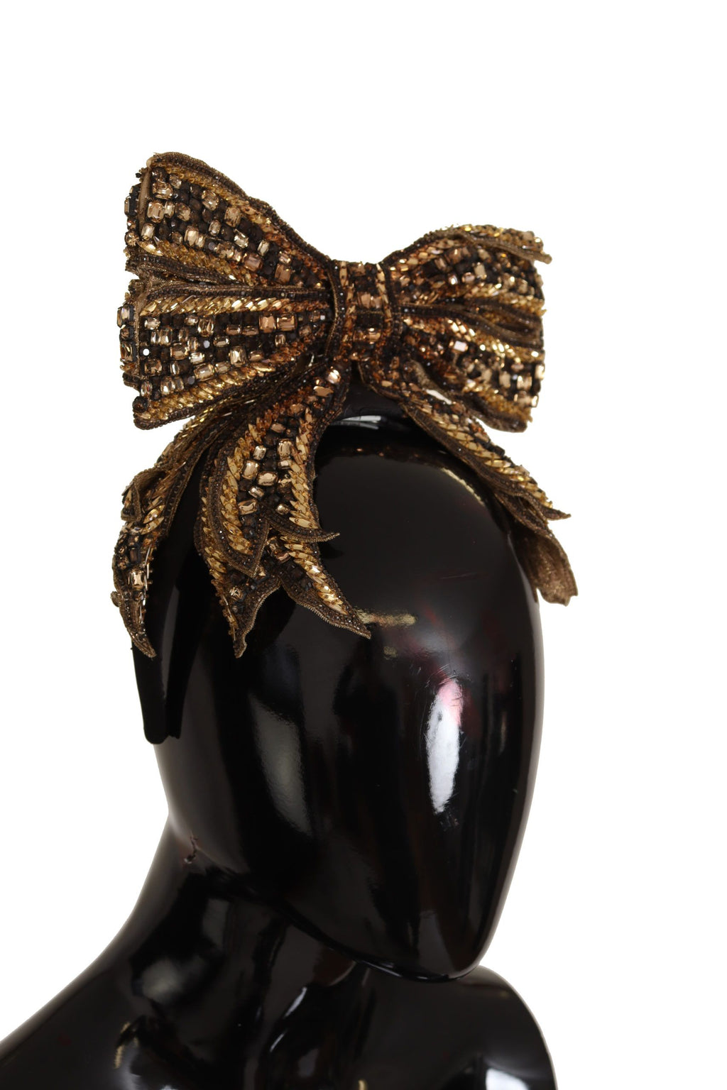 Dolce & Gabbana Gold Crystal Pearl Sequin Silk Bow Headband Tiara
