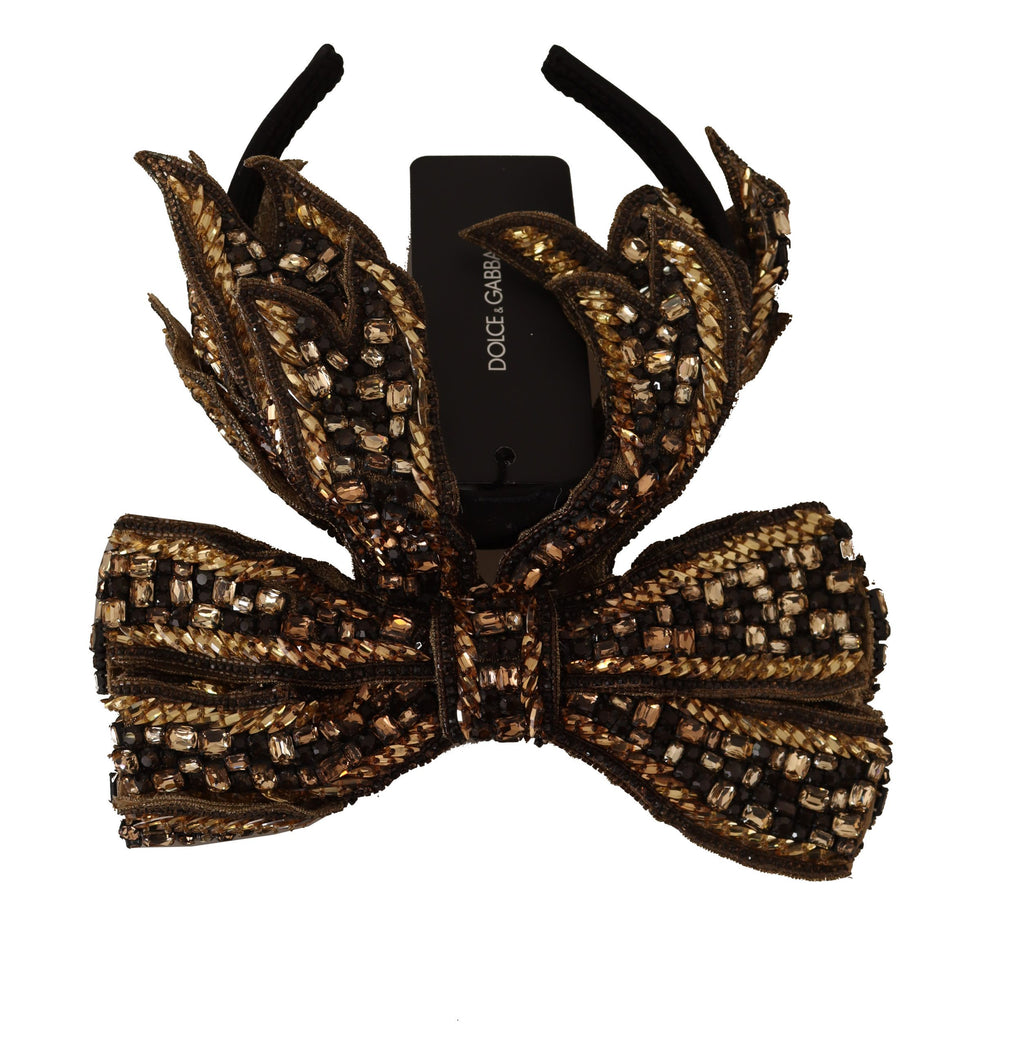 Dolce & Gabbana Gold Crystal Pearl Sequin Silk Bow Headband Tiara