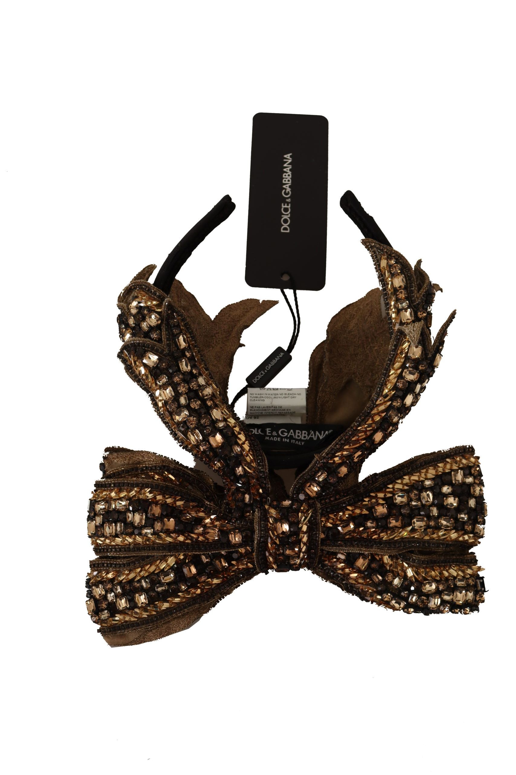 Dolce & Gabbana Gold Crystal Pearl Sequin Silk Bow Headband Tiara