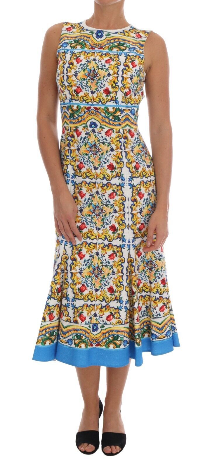 Dolce & Gabbana White Sleeveless Majolica A-Line Sheath Dress