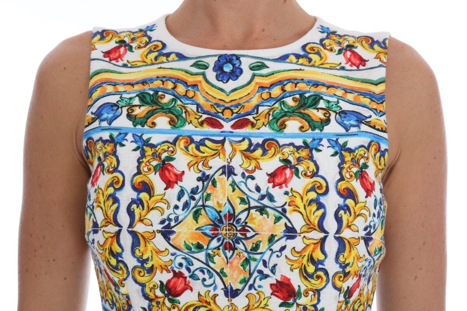 Dolce & Gabbana White Sleeveless Majolica A-Line Sheath Dress