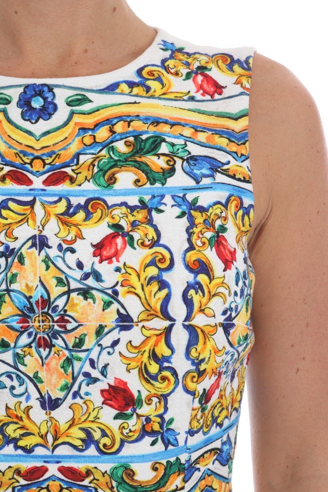 Dolce & Gabbana White Sleeveless Majolica A-Line Sheath Dress
