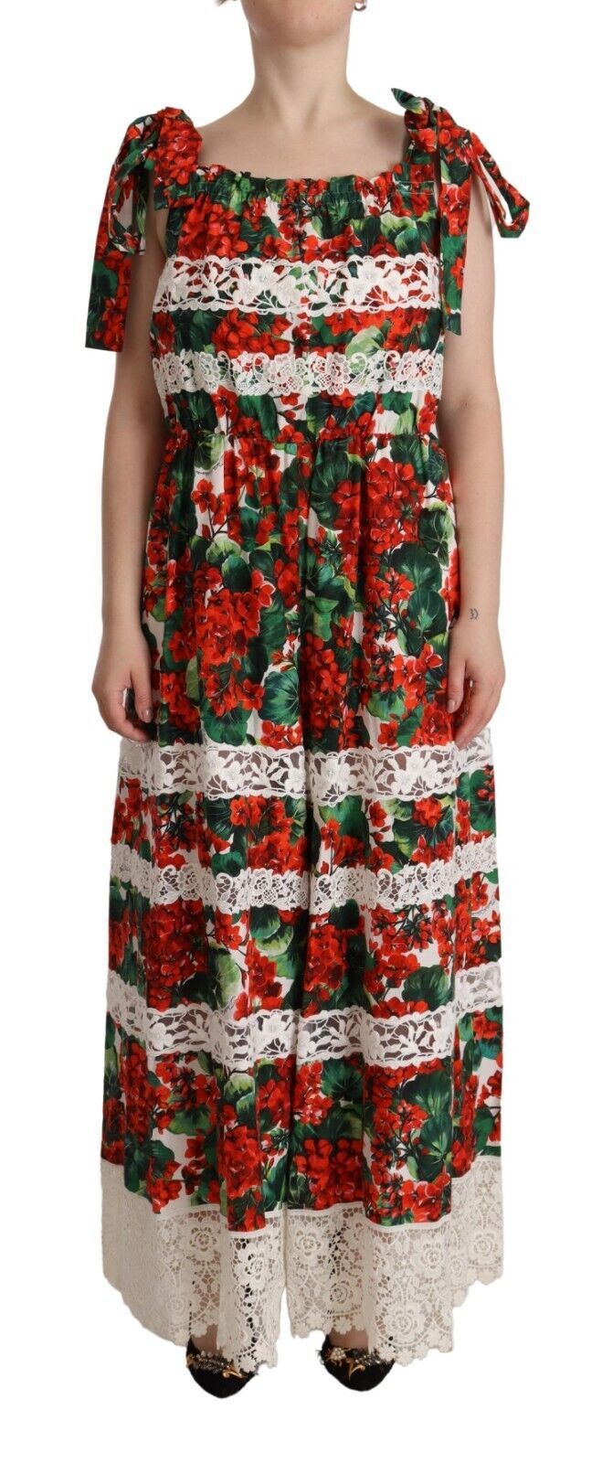 Dolce & Gabbana Long Maxi Dress with Multicolor Geranium Print and Lace