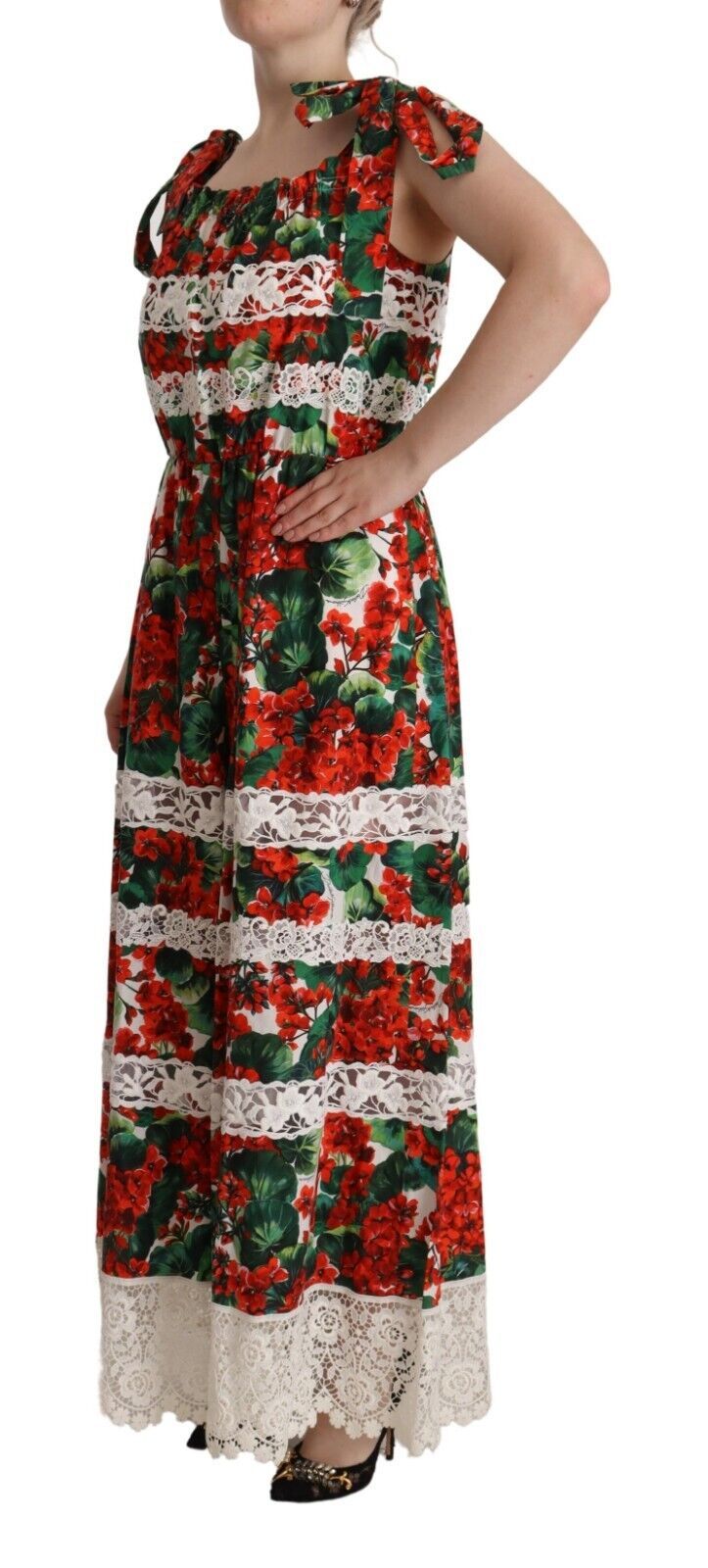 Dolce & Gabbana Long Maxi Dress with Multicolor Geranium Print and Lace