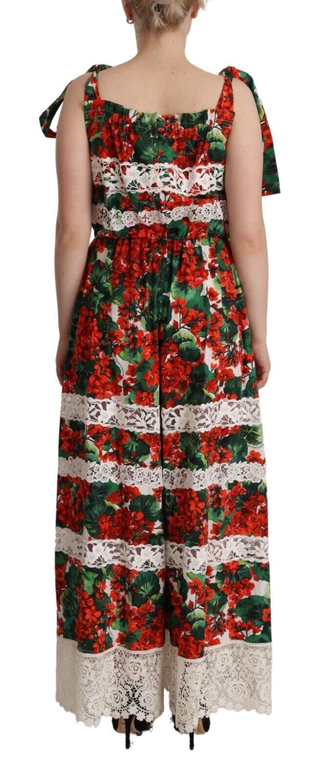 Dolce & Gabbana Long Maxi Dress with Multicolor Geranium Print and Lace