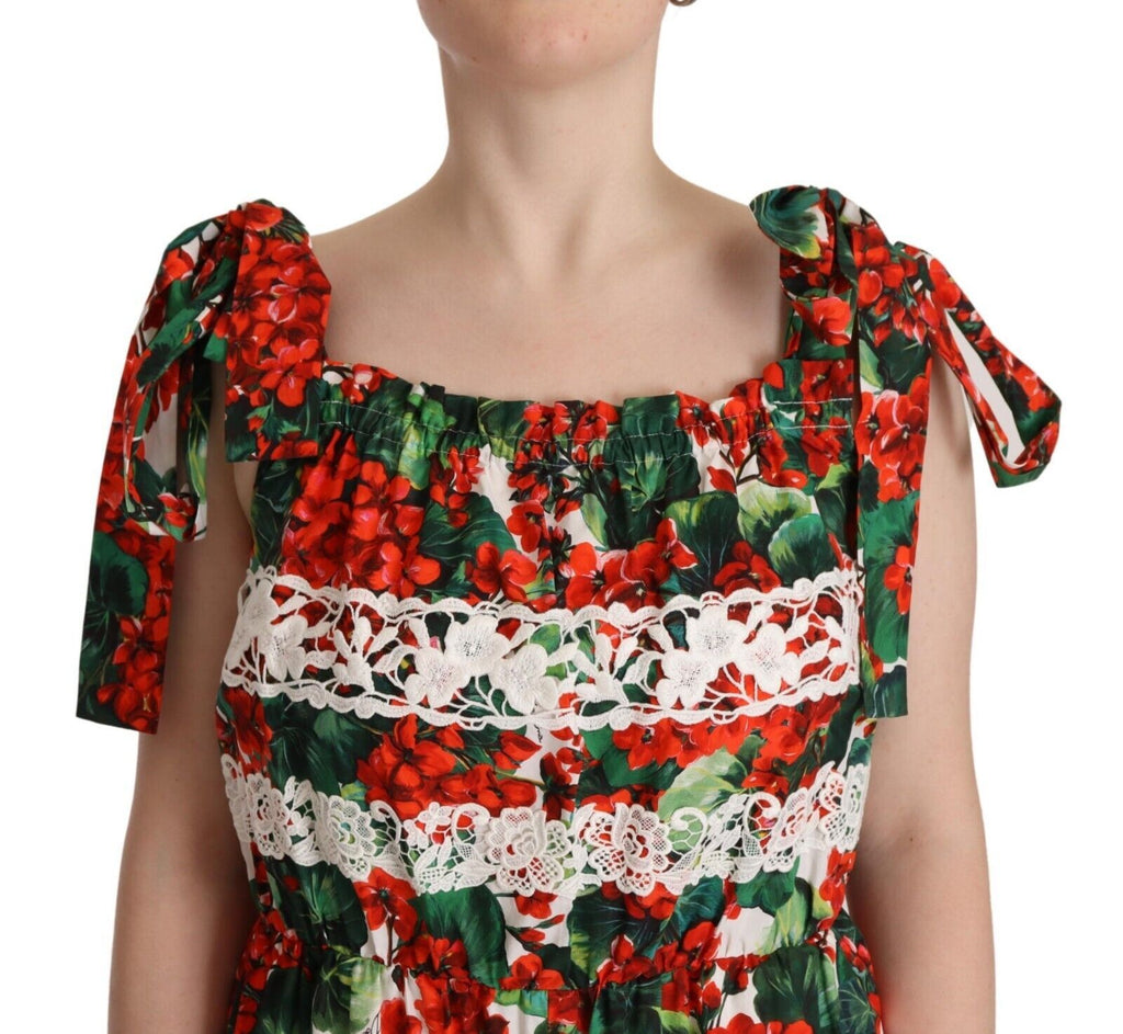 Dolce & Gabbana Long Maxi Dress with Multicolor Geranium Print and Lace