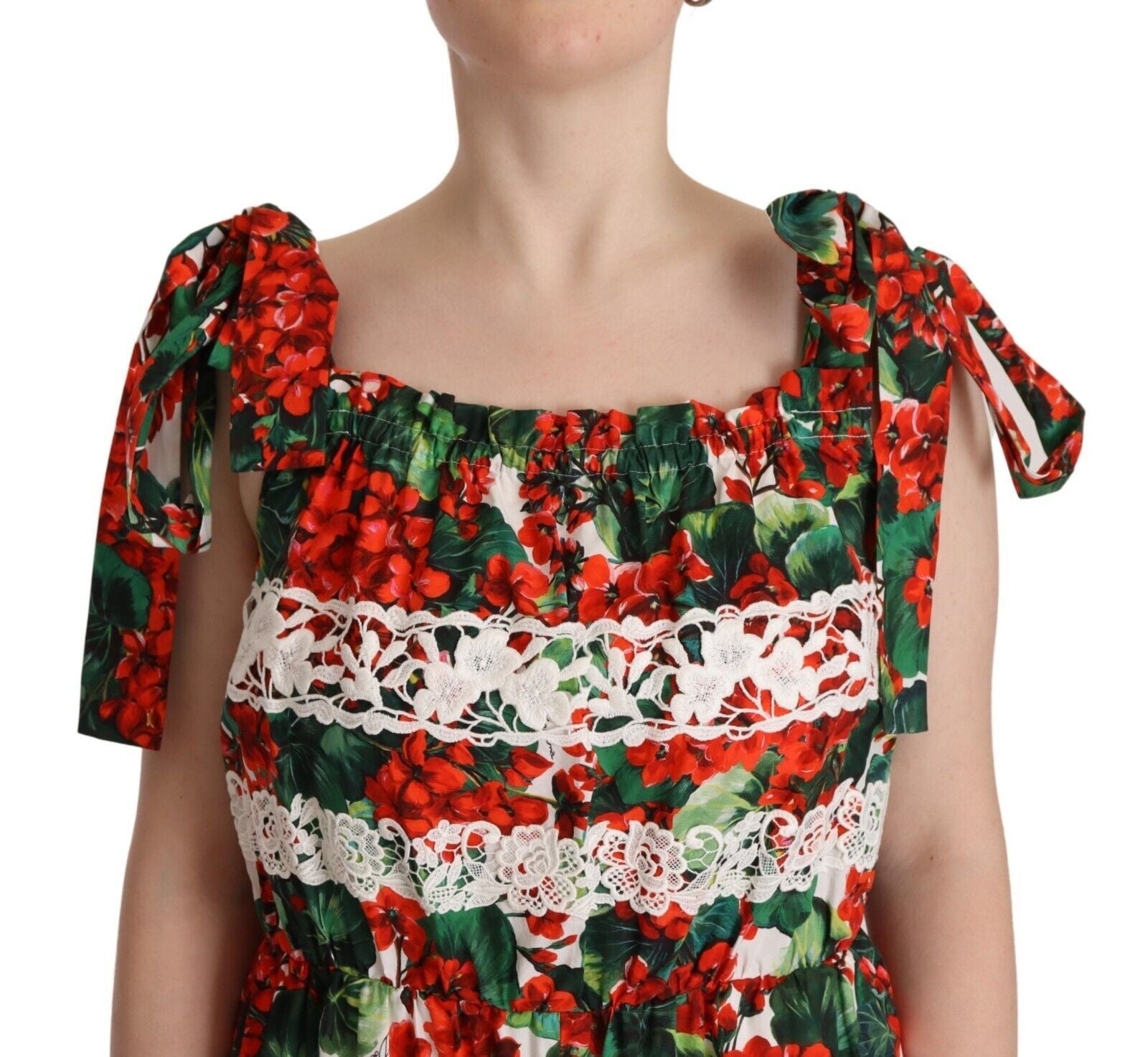 Dolce & Gabbana Long Maxi Dress with Multicolor Geranium Print and Lace