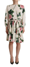 Dolce & Gabbana Weißes Kleid mit Rosenmuster und langen Ärmeln in A-Linie