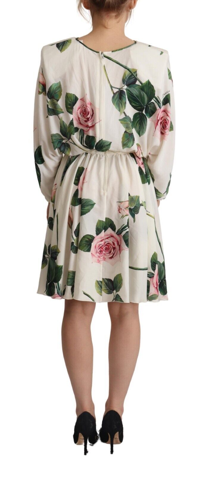 Dolce & Gabbana Weißes Kleid mit Rosenmuster und langen Ärmeln in A-Linie