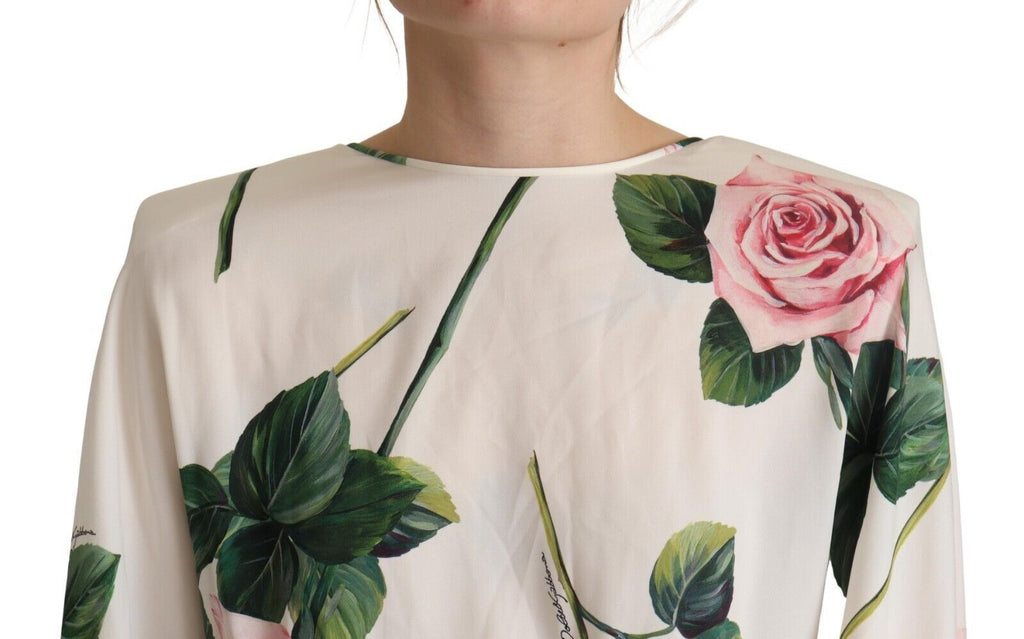 Dolce & Gabbana Weißes Kleid mit Rosenmuster und langen Ärmeln in A-Linie