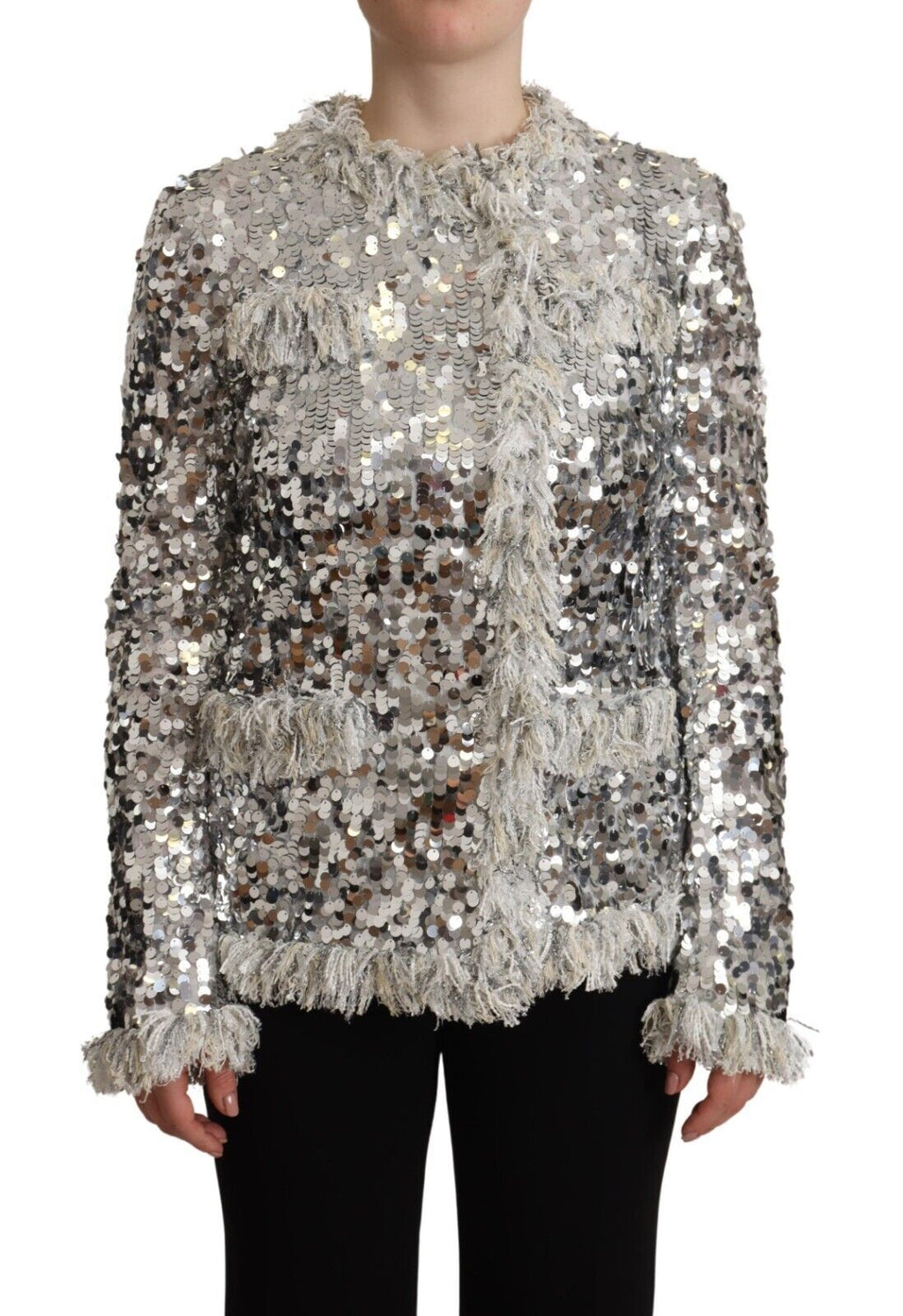 Dolce & Gabbana Silberne paillettenbesetzte Shearling-Jacke mit langen Ärmeln