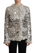 Dolce & Gabbana Silberne paillettenbesetzte Shearling-Jacke mit langen Ärmeln