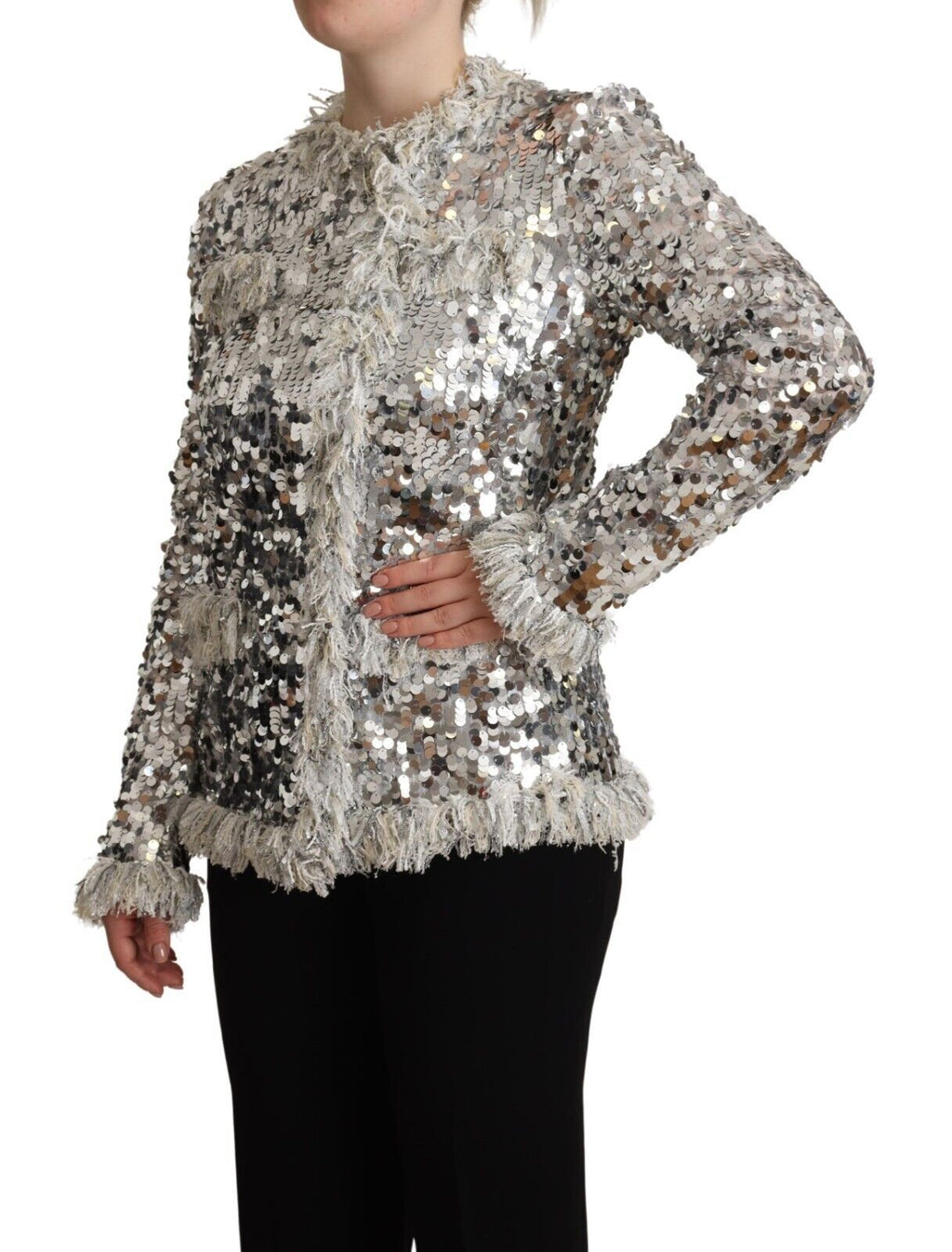 Dolce & Gabbana Silberne paillettenbesetzte Shearling-Jacke mit langen Ärmeln