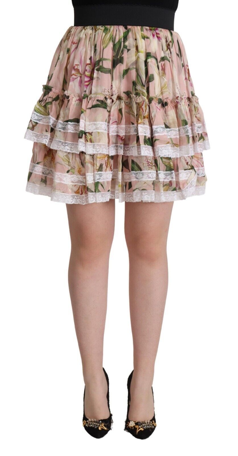 Dolce & Gabbana Pink Lily Print A-line Silk Miniskirt