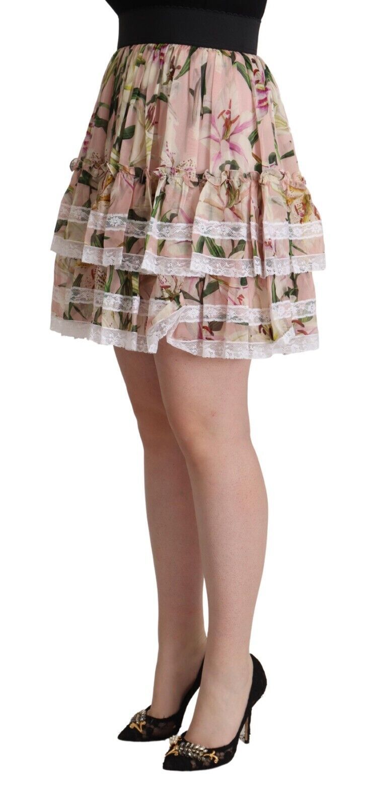 Dolce & Gabbana Pink Lily Print A-line Silk Miniskirt
