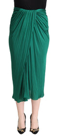 Dolce & Gabbana Dark Green High-Waisted Pleated Midi Pencil Skirt