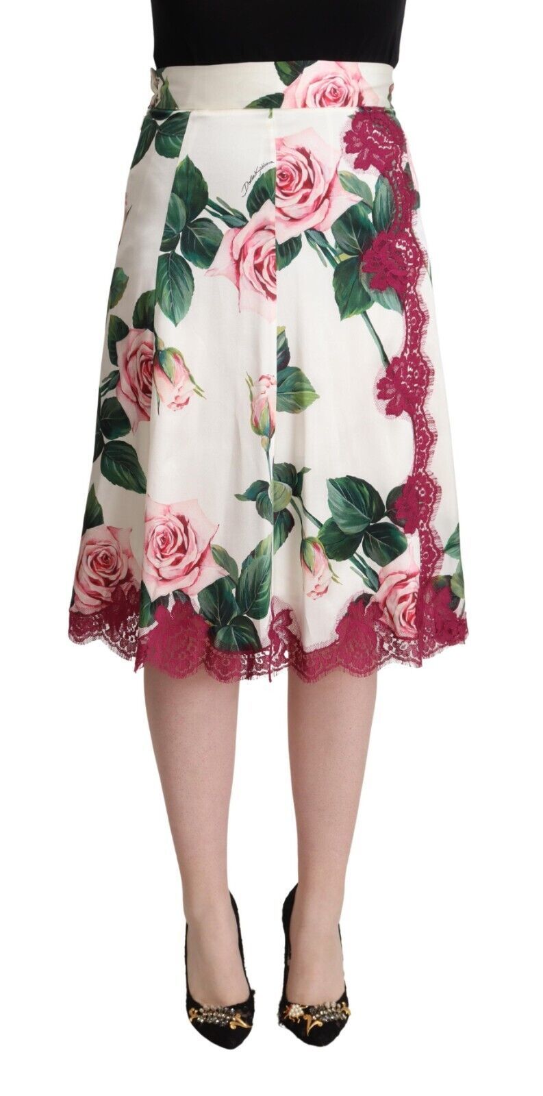 Dolce & Gabbana White Rose Print High-Waist A-Line Midi Skirt