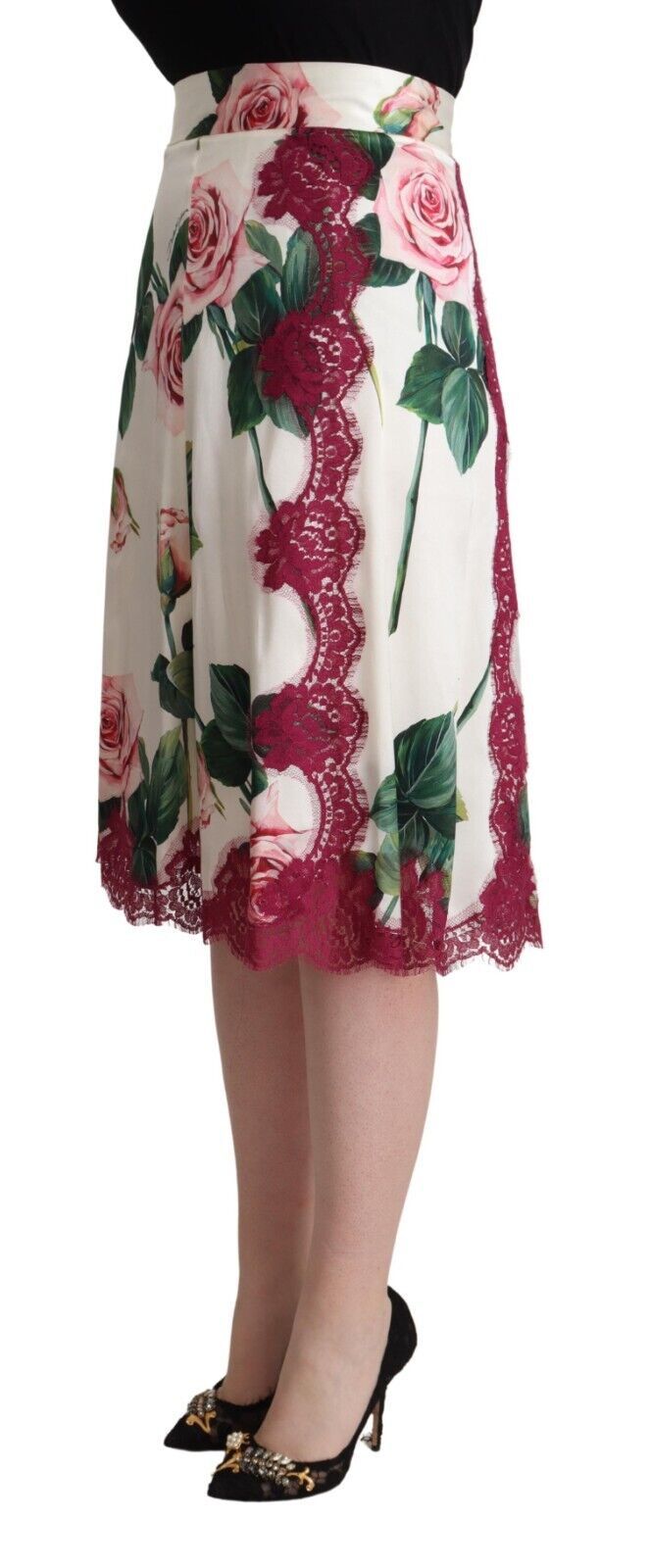 Dolce & Gabbana White Rose Print High-Waist A-Line Midi Skirt