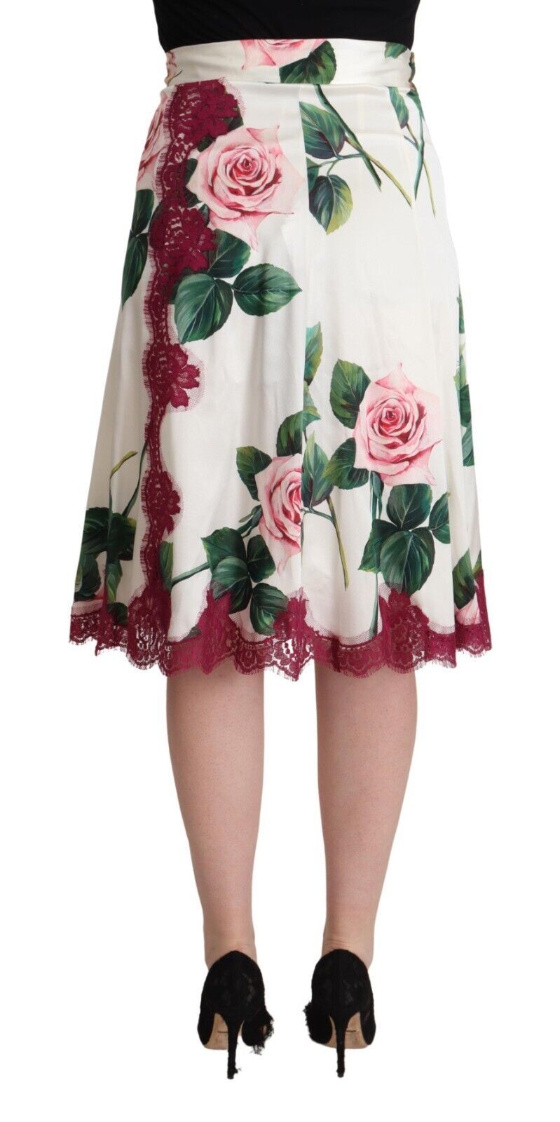 Dolce & Gabbana White Rose Print High-Waist A-Line Midi Skirt