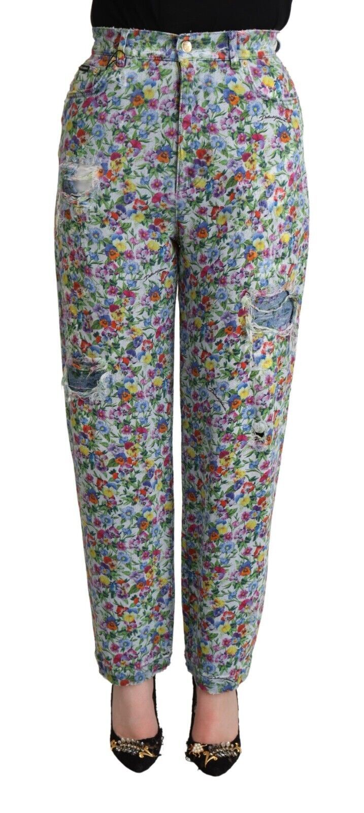 Dolce & Gabbana Blue Floral High-Waisted Denim Jeans