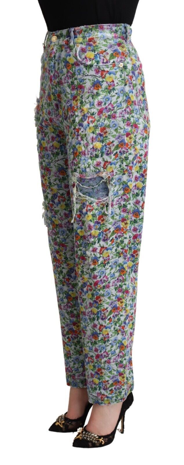 Dolce & Gabbana Blue Floral High-Waisted Denim Jeans