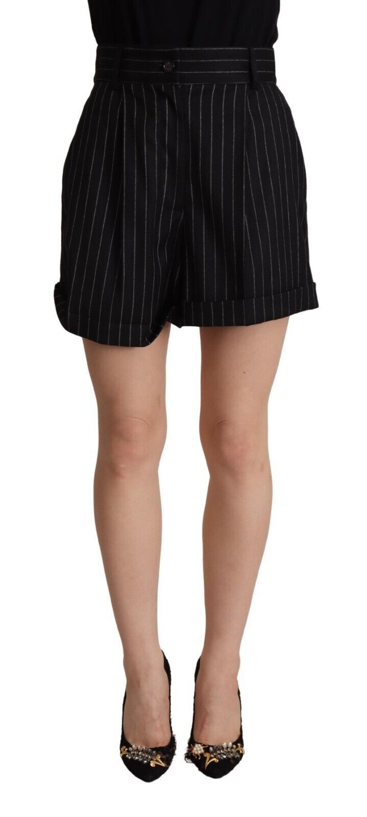 Dolce & Gabbana Black Striped High-Waist Wool Bermuda Shorts
