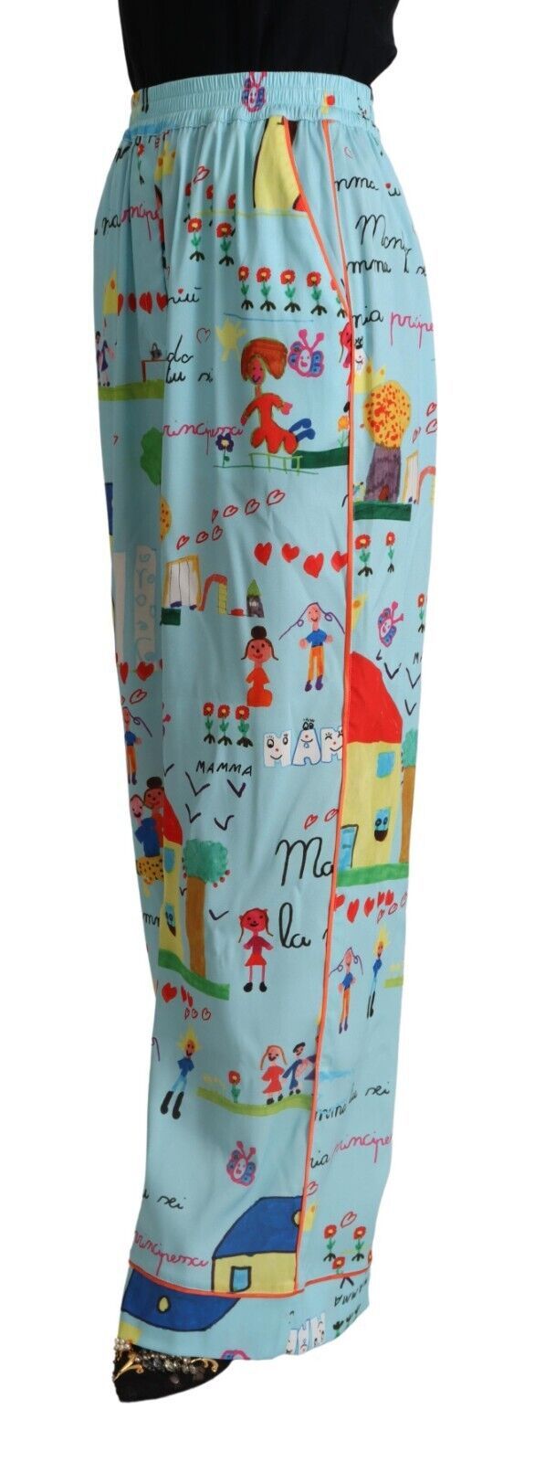 Dolce & Gabbana Light Blue Sketch Mid Waist Wide Leg Pants