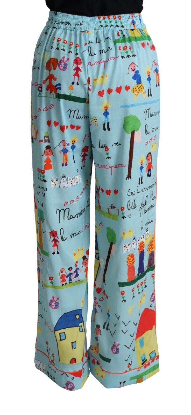 Dolce & Gabbana Light Blue Sketch Mid Waist Wide Leg Pants
