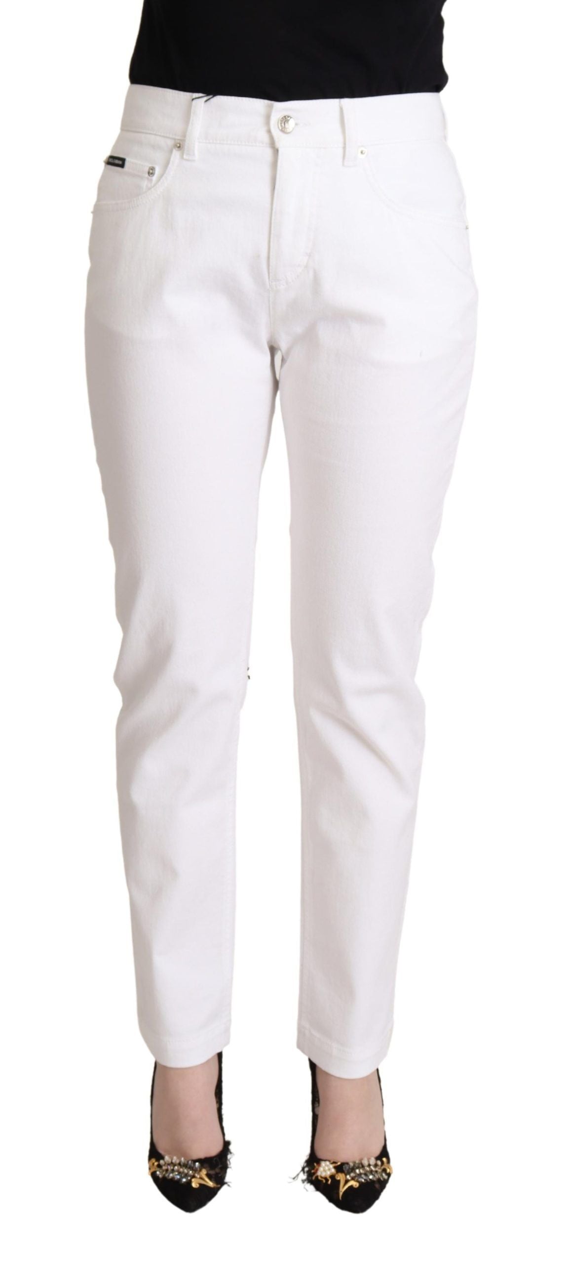 Dolce & Gabbana White Mid-Waist Tapered Cotton Denim Jeans