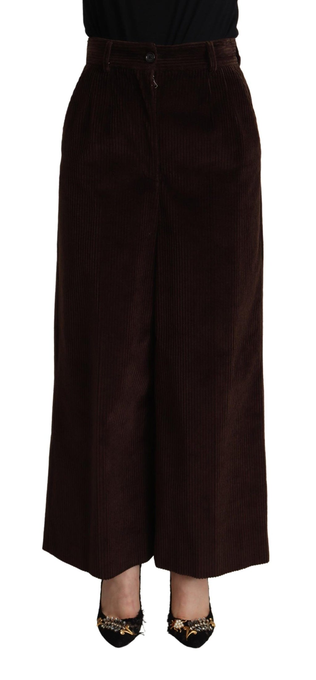 Dolce & Gabbana Schwarze Baumwollhose mit hoher Taille und weitem Bein