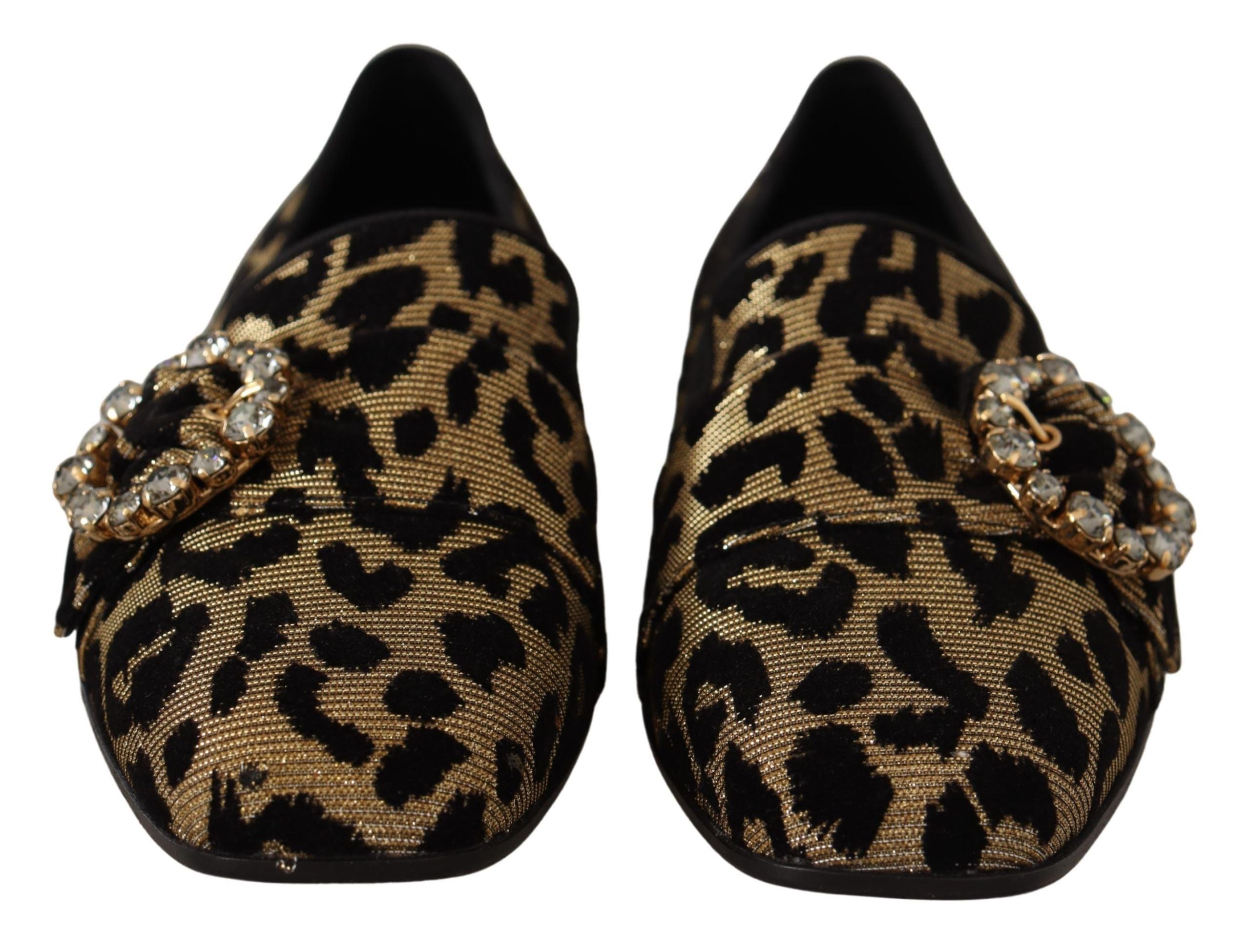Dolce & Gabbana Gold Leopard Print Crystal Loafers Shoes