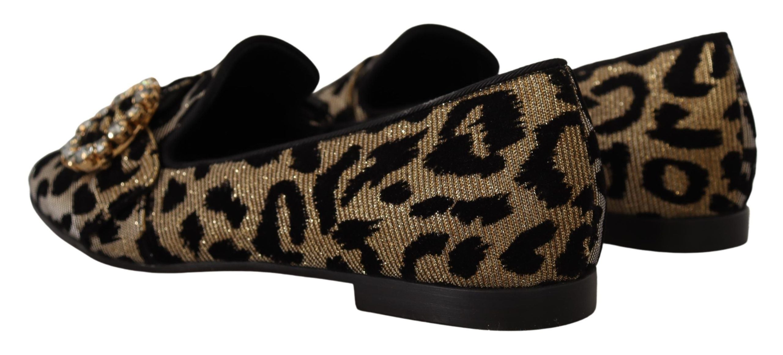 Dolce & Gabbana Gold Leopard Print Crystal Loafers Shoes