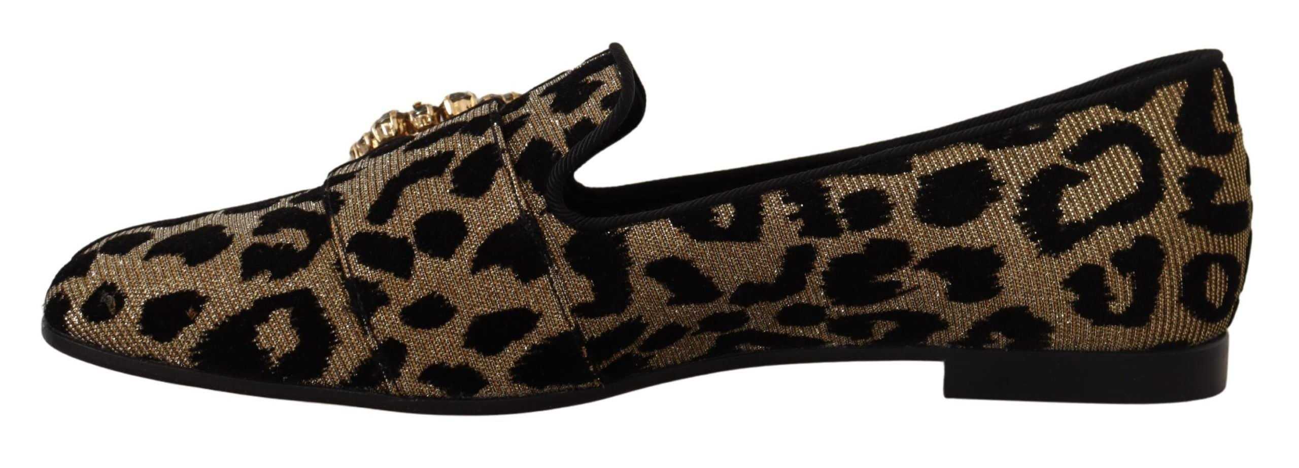 Dolce & Gabbana Gold Leopard Print Crystal Loafers Shoes