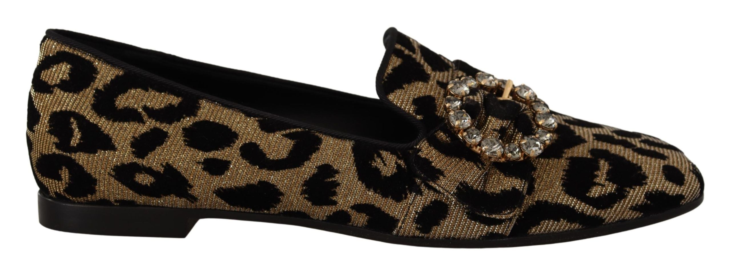 Dolce & Gabbana Gold Leopard Print Crystal Loafers Shoes