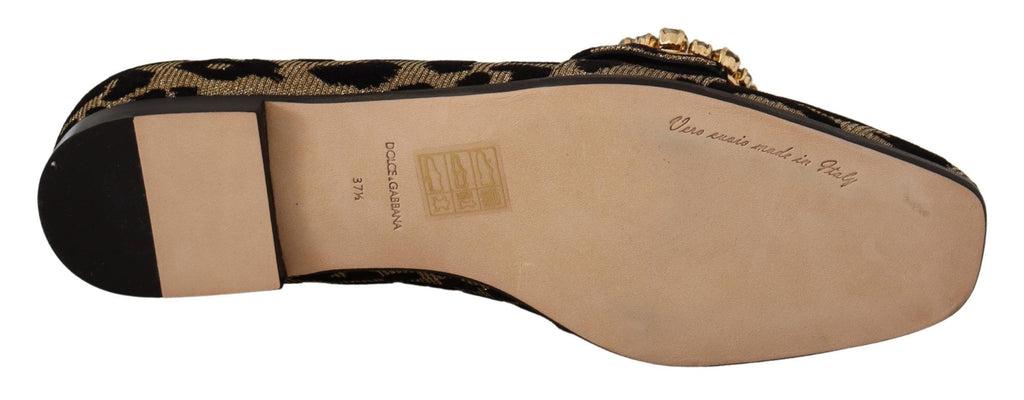 Dolce & Gabbana Gold Leopard Print Kristalle Loafers Schuhe