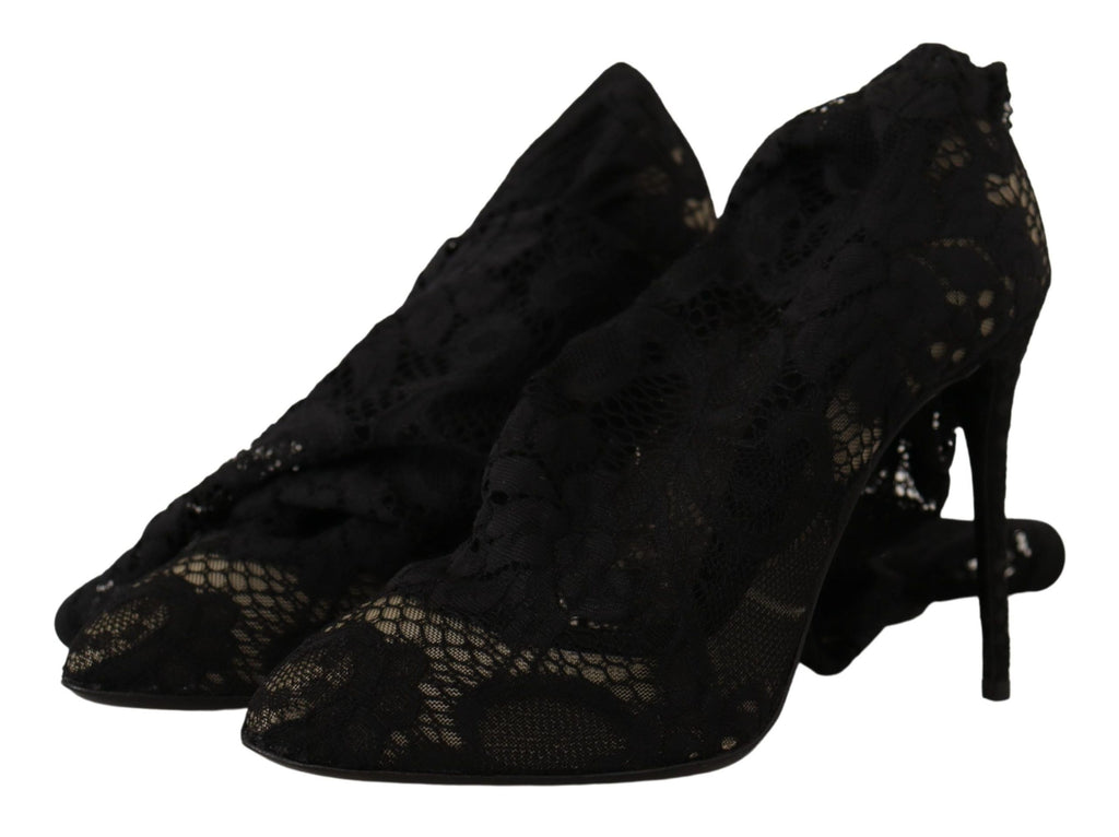 Dolce & Gabbana Black Stretch Sock Taormina Lace Boots Shoes