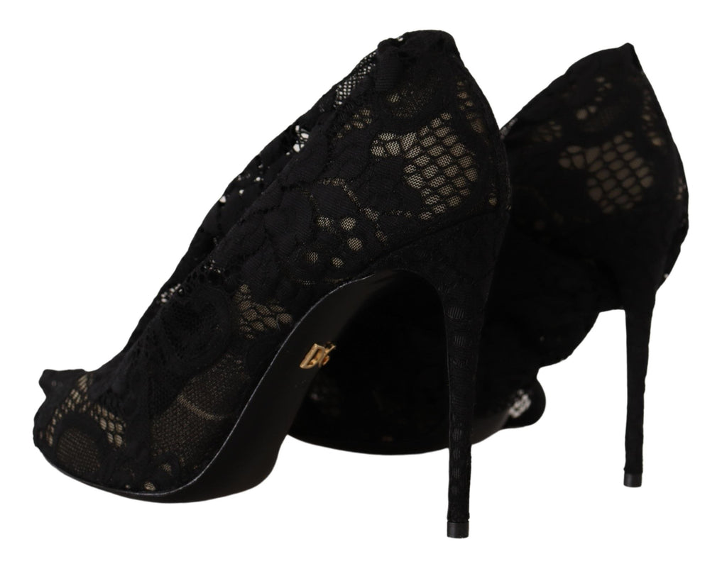 Dolce & Gabbana Black Stretch Sock Taormina Lace Boots Shoes