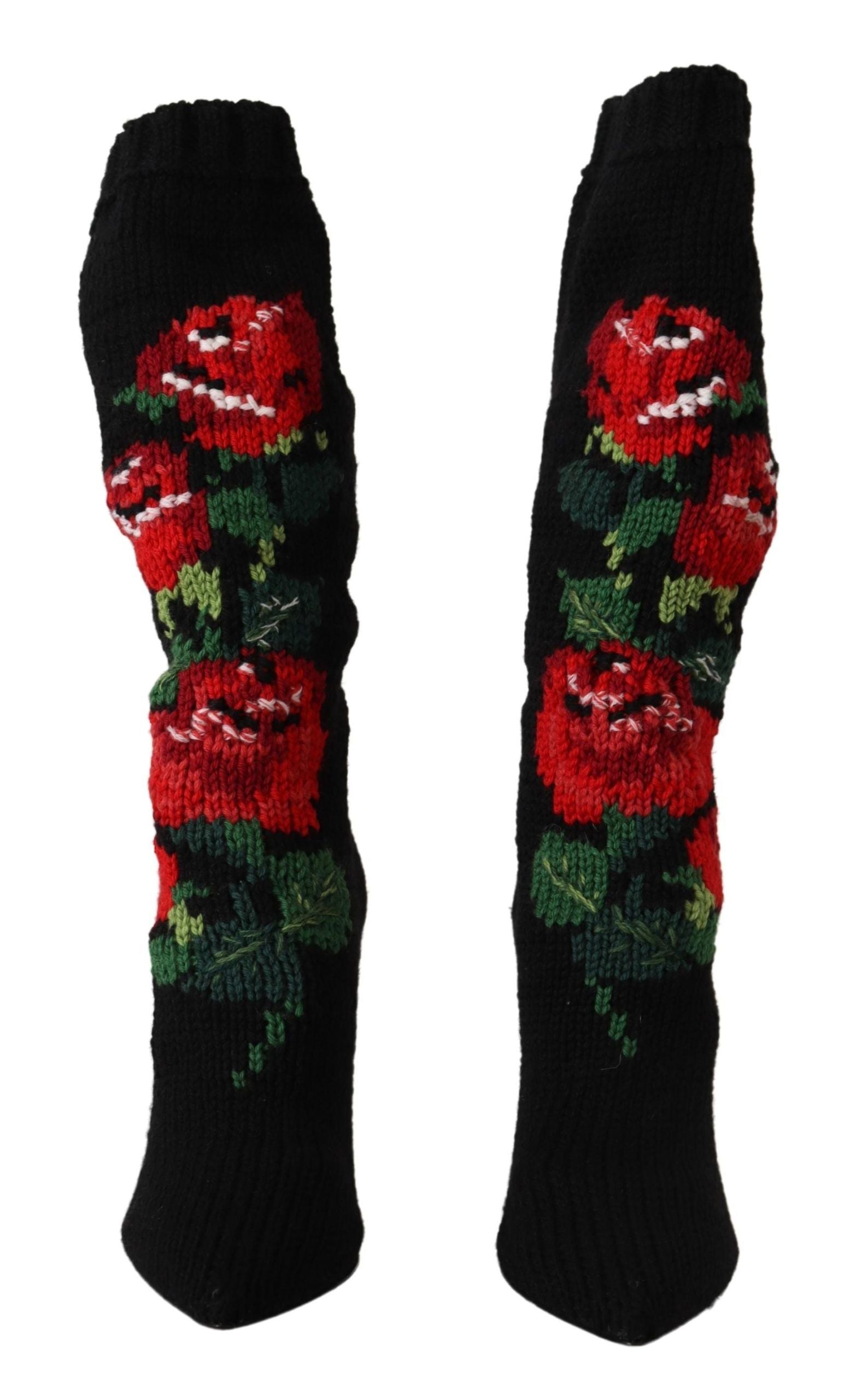 Dolce & Gabbana Schwarze Stretch-Socken Rote Rosen Booties Schuhe