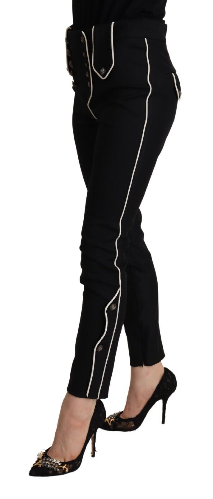 Dolce & Gabbana Schwarze Slim Fit Hose mit mittlerer Taille und verschönerten Knöpfen