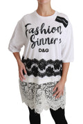 Dolce & Gabbana White Fashion Sinner Cotton Lace T-Shirt Top