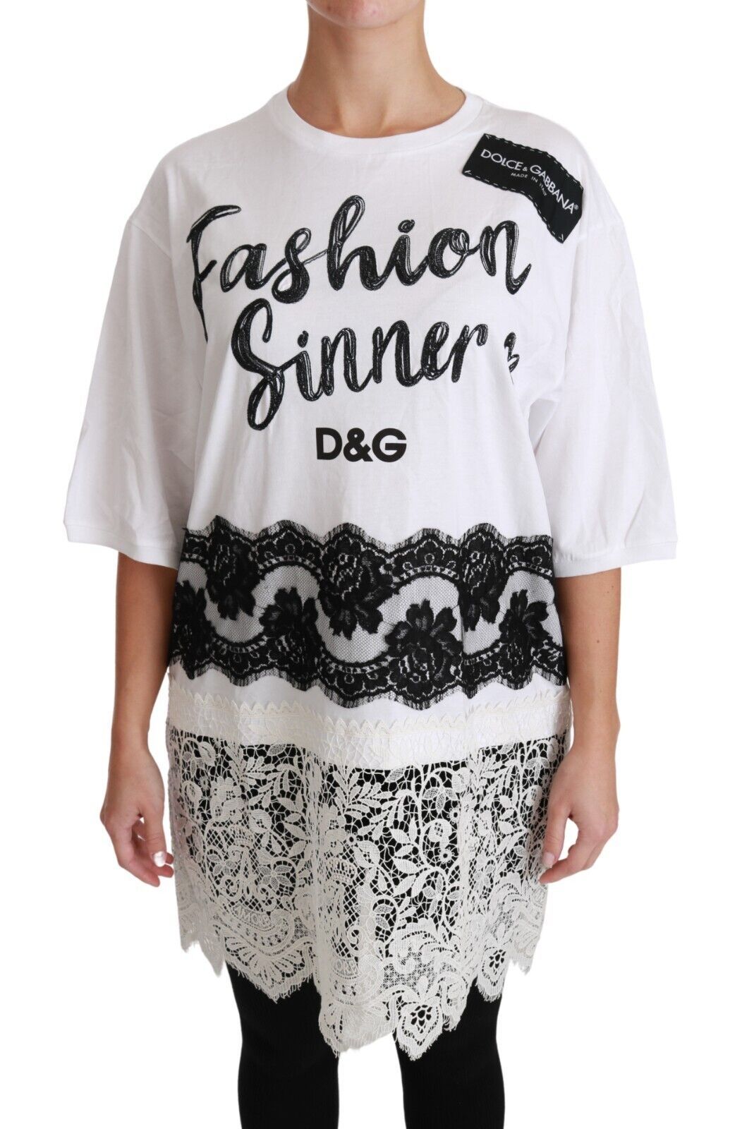 Dolce & Gabbana White Fashion Sinner Cotton Lace T-Shirt Top