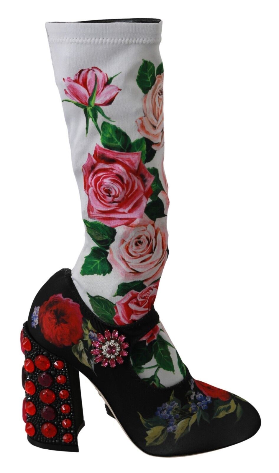 Dolce & Gabbana Black Floral Sock Crystal Jersey Boots Shoes