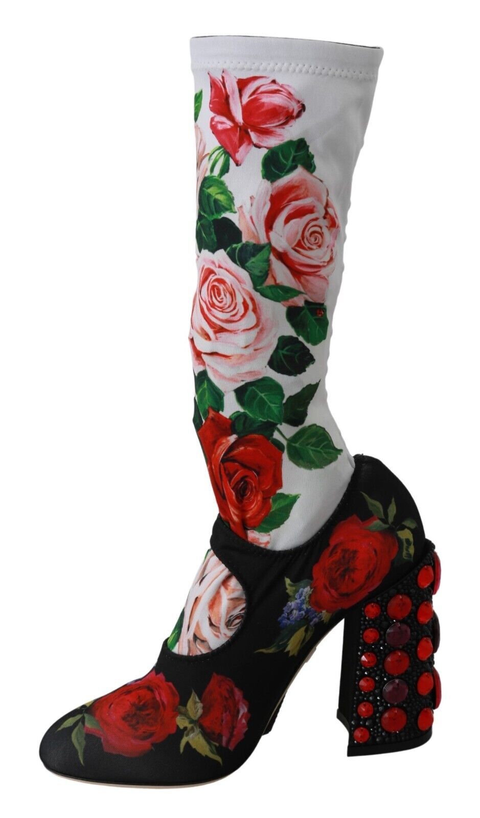 Dolce & Gabbana Black Floral Sock Crystal Jersey Boots Shoes