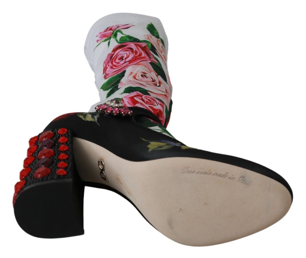 Dolce & Gabbana Black Floral Sock Crystal Jersey Boots Shoes
