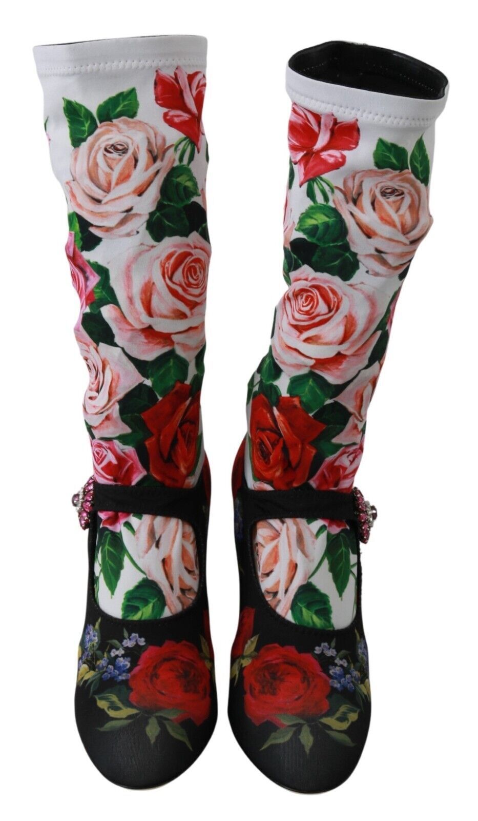 Dolce & Gabbana Black Floral Sock Crystal Jersey Boots Shoes