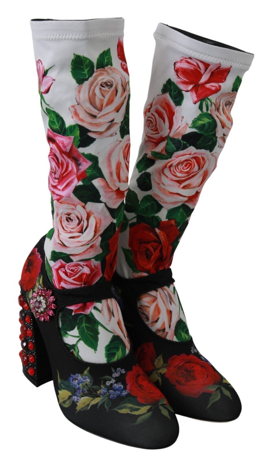 Dolce & Gabbana Black Floral Sock Crystal Jersey Boots Shoes