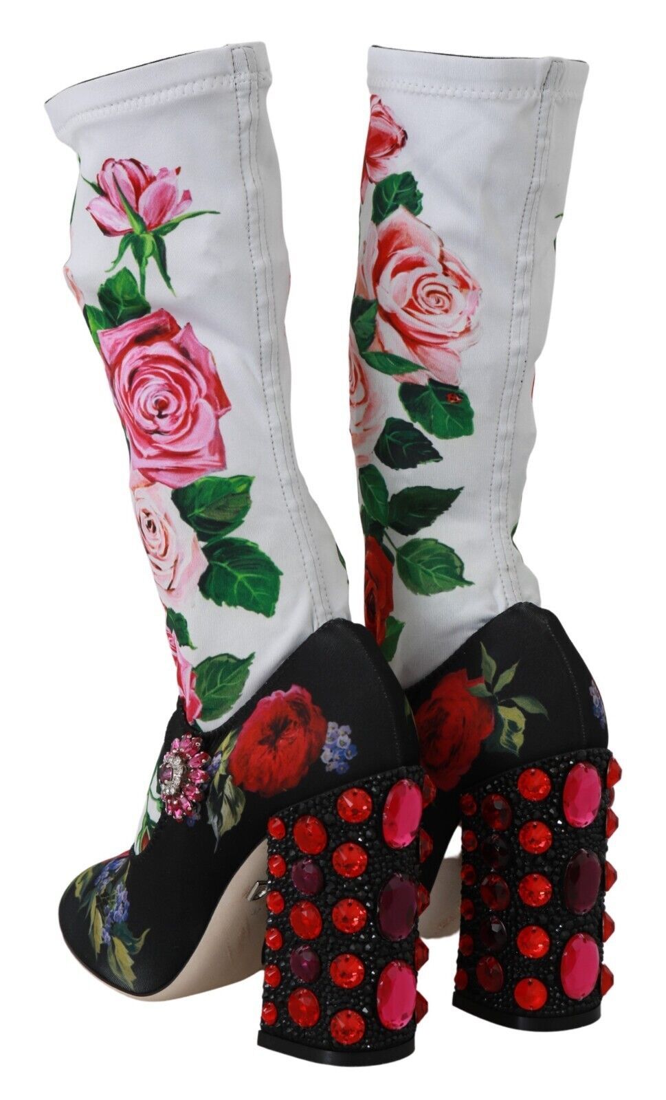 Dolce & Gabbana Black Floral Sock Crystal Jersey Boots Shoes