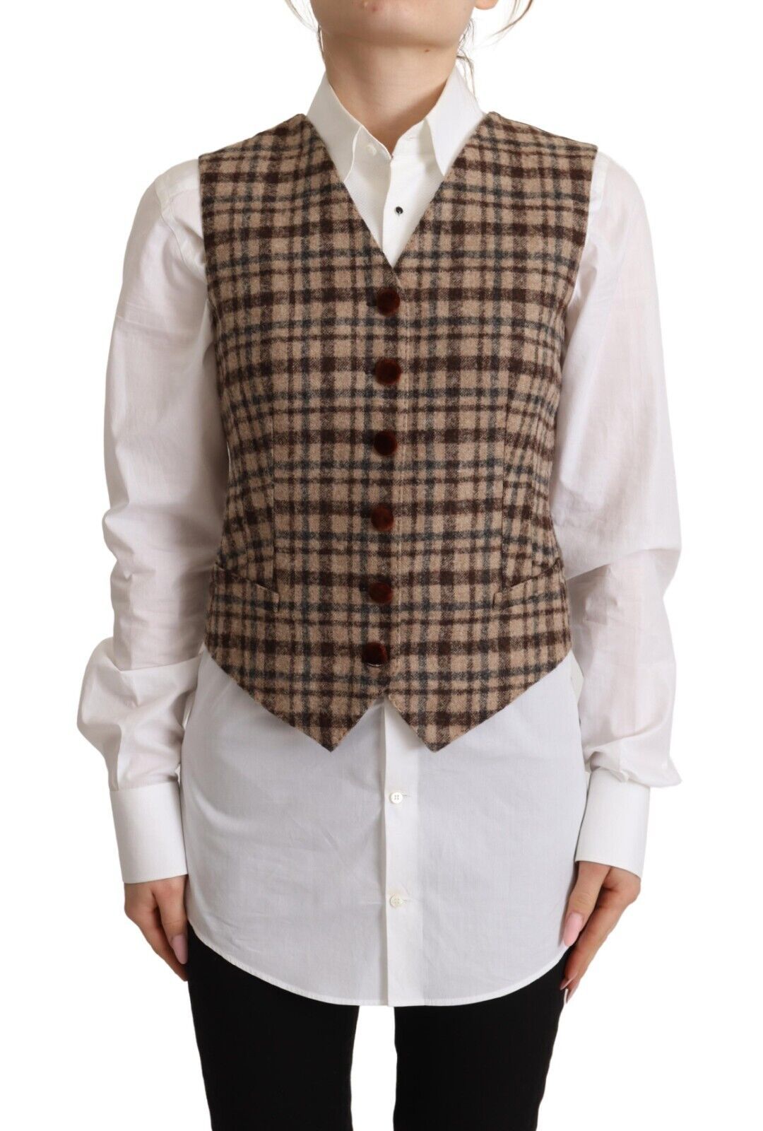 Dolce & Gabbana Brown Plaid Leopard V-Neck Sleeveless Vest Top