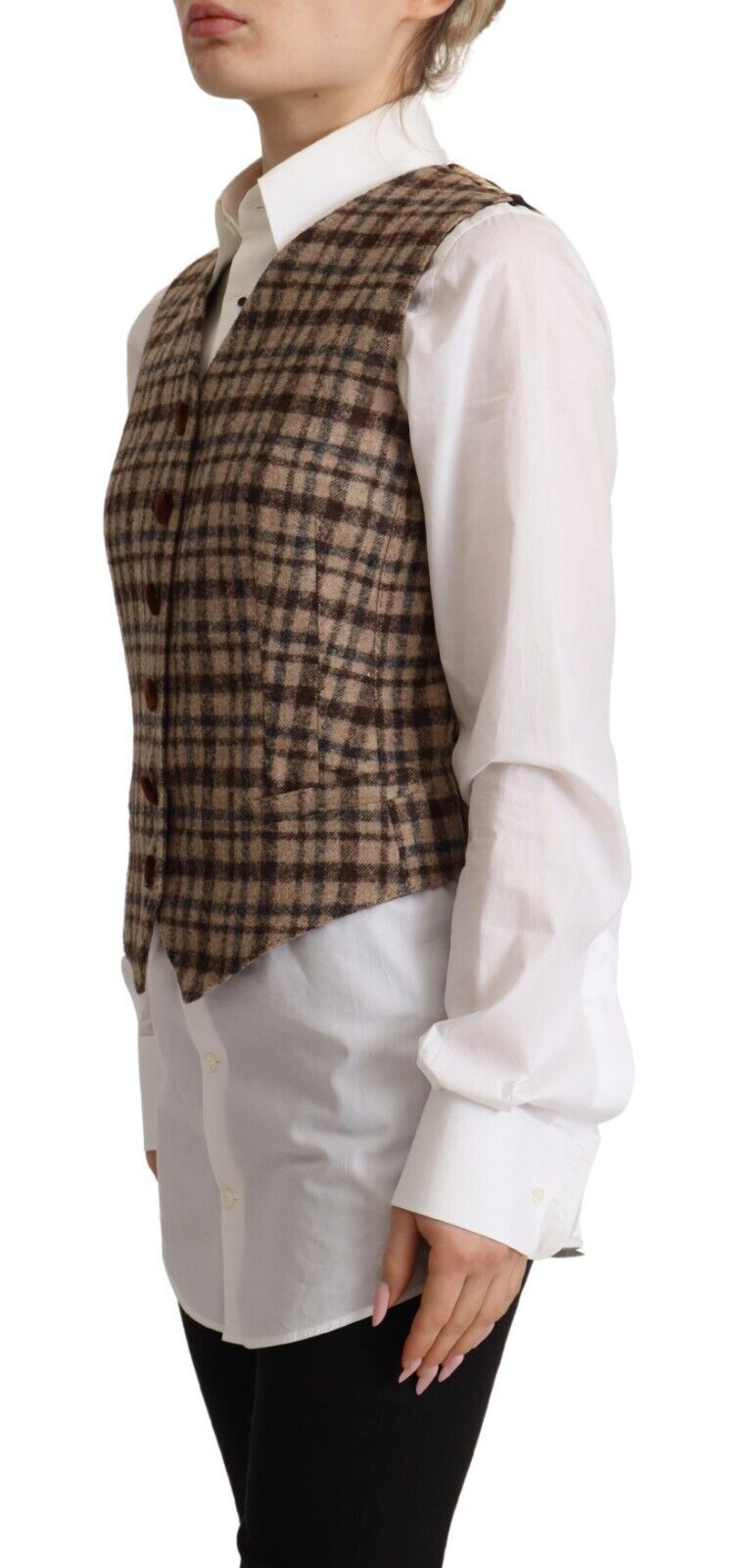 Dolce & Gabbana Brown Plaid Leopard V-Neck Sleeveless Vest Top